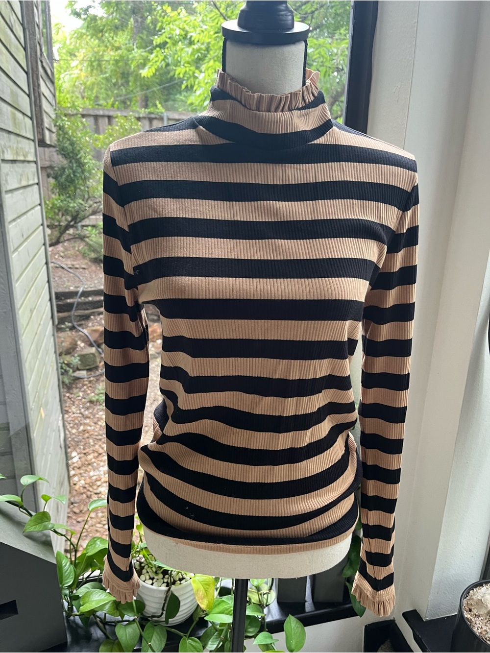 J. Crew Black & Tan Striped Ruffle Mock Neck Long-Sleeve Top